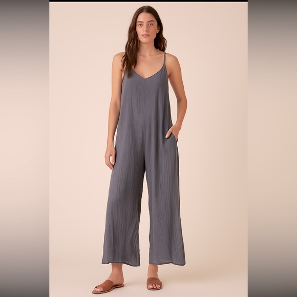 Hunter & Brown Wide Leg Jumpsuit Slate Gray Pull On Side Pockets Womens Size L - Picture 1 of 12